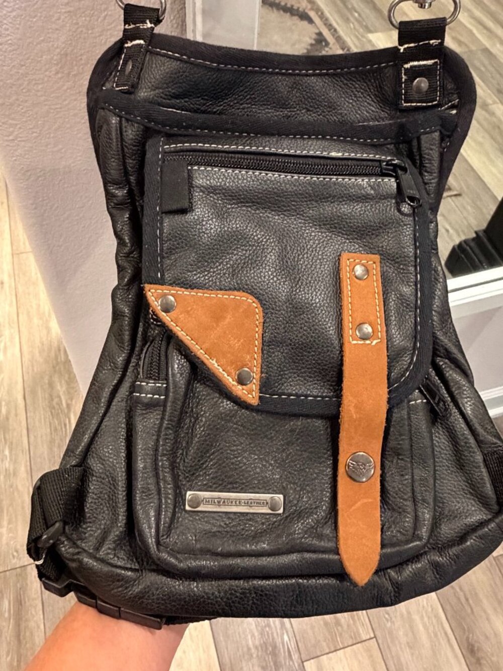 Milwaukee Leather Black & Tan Conceal and Carry Leather Thigh and Cross Body Bag